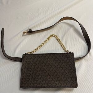 Michael Kors Brown MK Signature Waist Bag Fanny Pack Belt Small Gold Chain